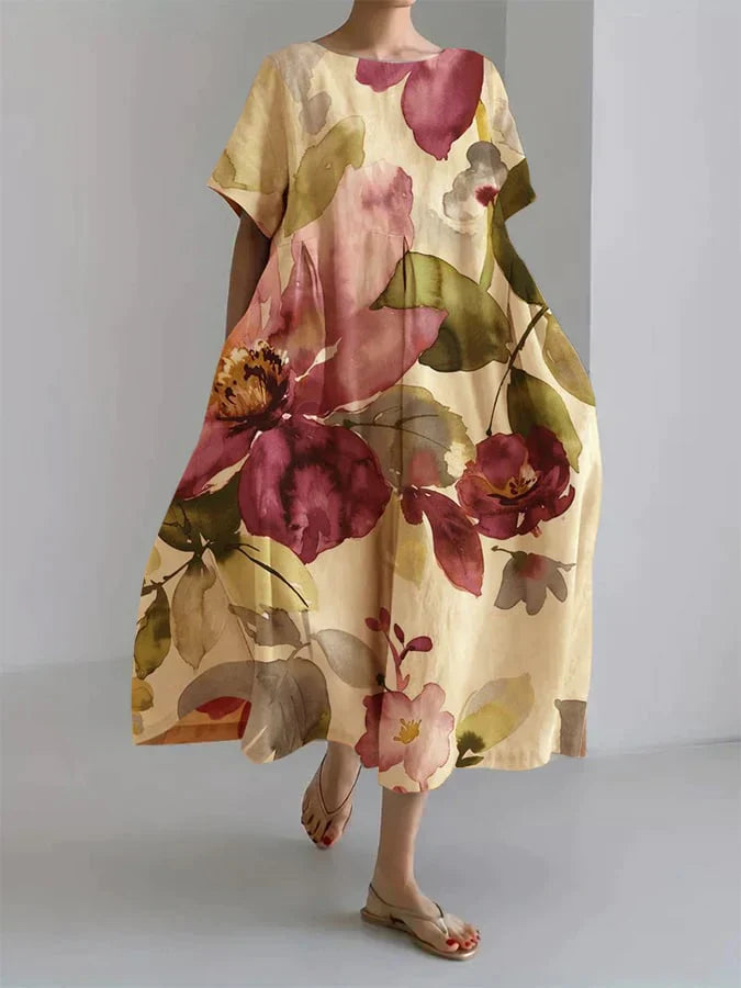 Loose women's dress with botanical floral pattern