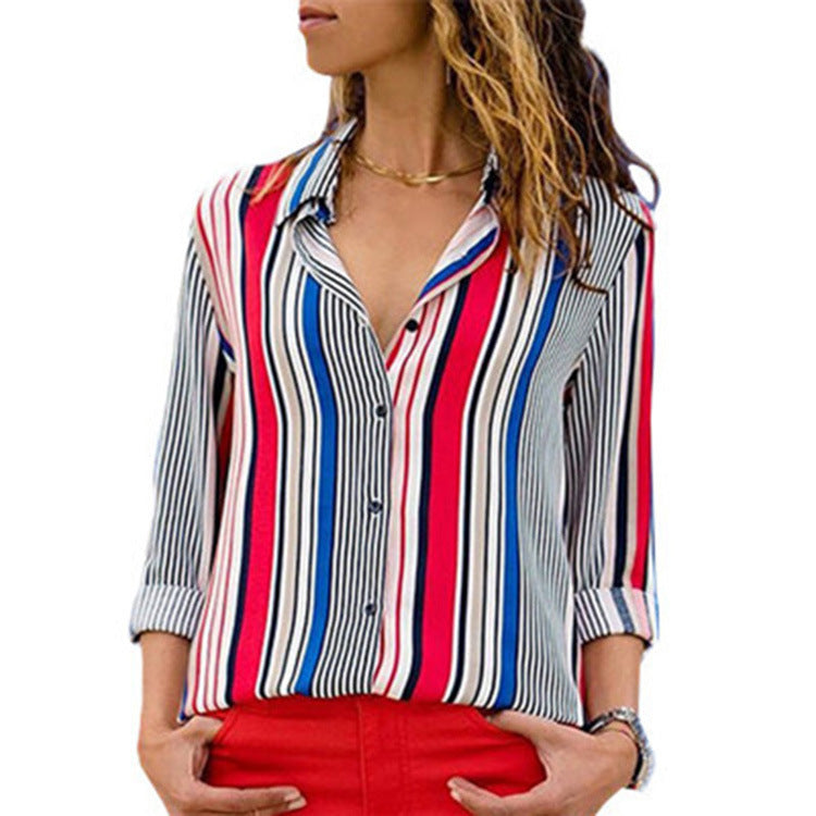 Stylish striped casual V-neck long sleeve chiffon blouse