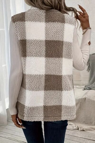 Women's - Cosy Sherpa Plaid Open Front Vest Coat - Stylish Layering Essential