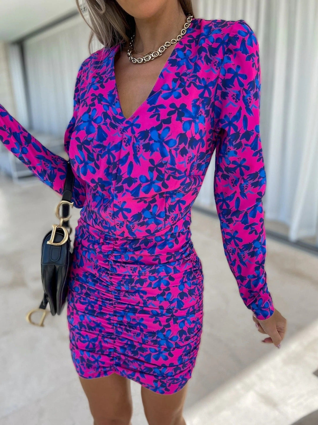 Long Sleeve V-Neck Print Pack Hip Gathered Body Dress