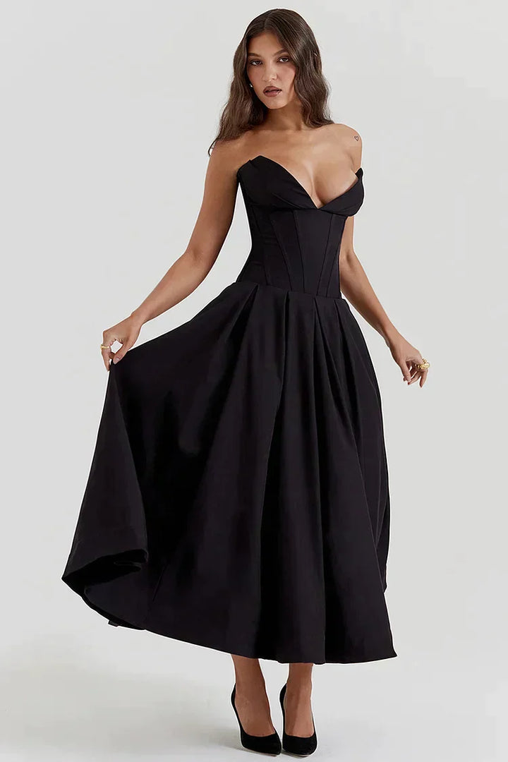 Strapless dress with deep V-neckline