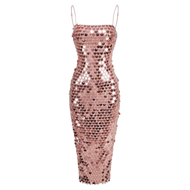 Midi slip dress with sequins and delicate straps