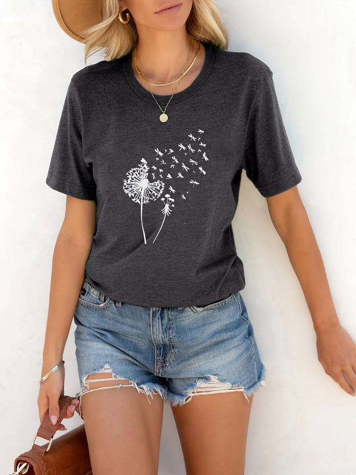 T-shirt with dandelion print and round neckline