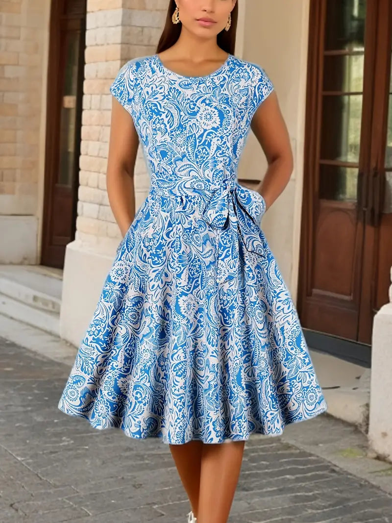 Elegant Floral Dress With Short Sleeves and Waist