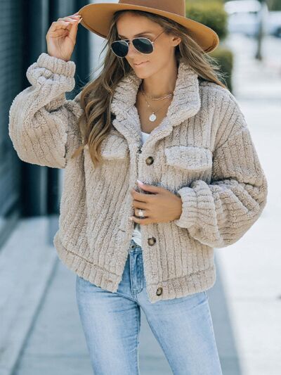 Women's - Fuzzy Button Up Collared Neck Jacket - Cosy Style - Perfect for Fall