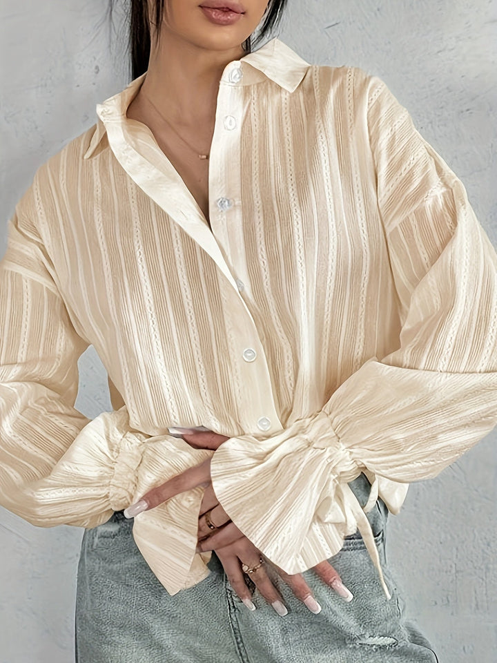 Women's -  Long Sleeve Linen Blouse - Collared & Semi-Transparent Shirt - Stylish Women's Top