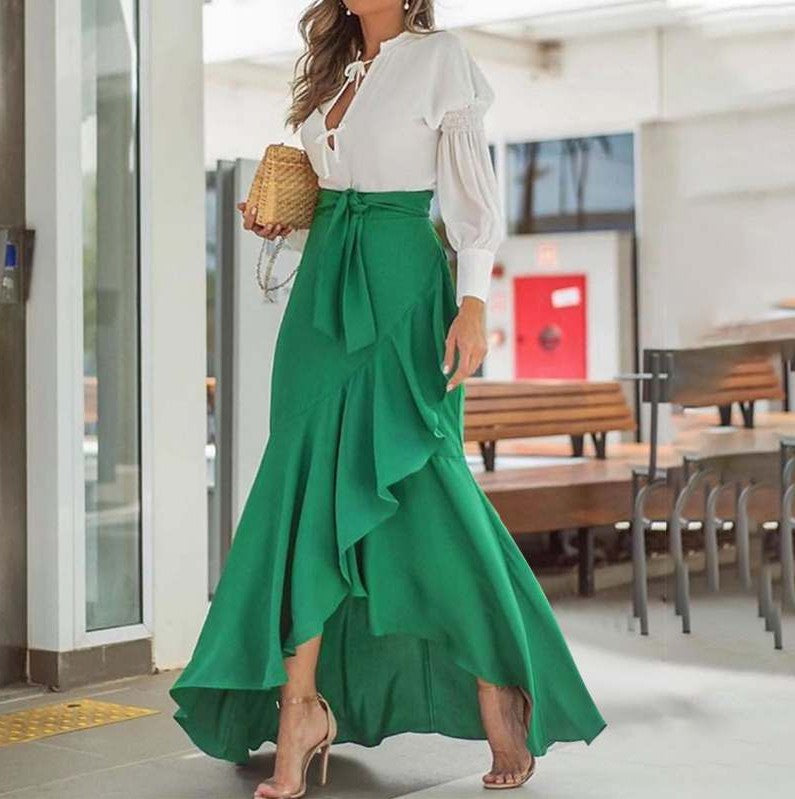 Modern Belt Lace Coat Fishtail High Waist Irregular Skirt