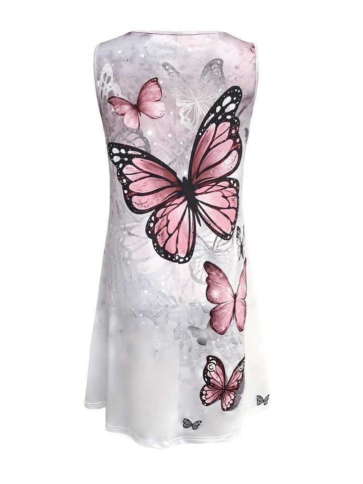 Women's - Butterfly Print Summer Dress - Sleeveless, Round Neck, Loose Fit - Perfect for Warm Weather