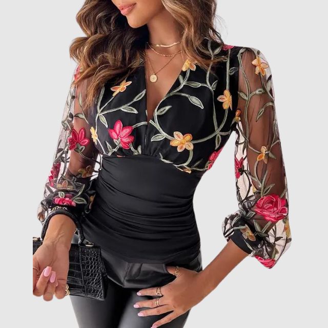 Blouse with embroidered transparent sleeves