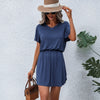 Single-coloured, short-sleeved, casual mini dress with V-neckline