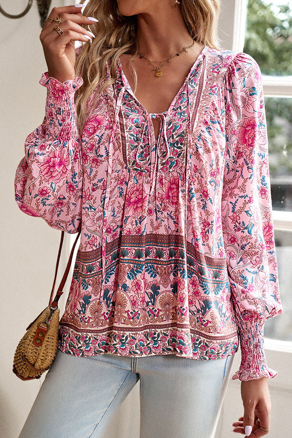 Tops with V-neck and floral print, long sleeves