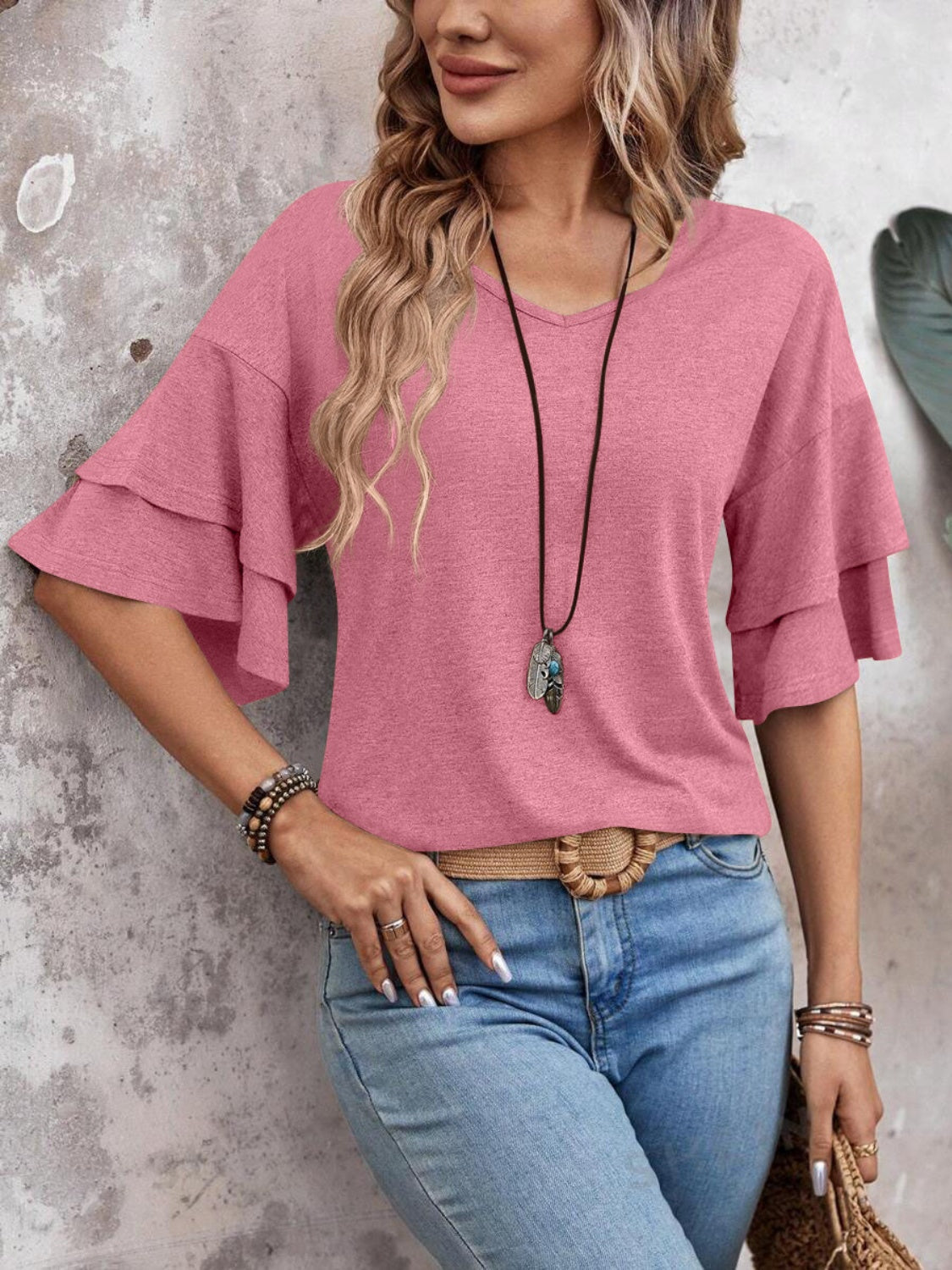 Women's - V-Neck Half Sleeve Blouse - Soft Fabric - Stylish Top