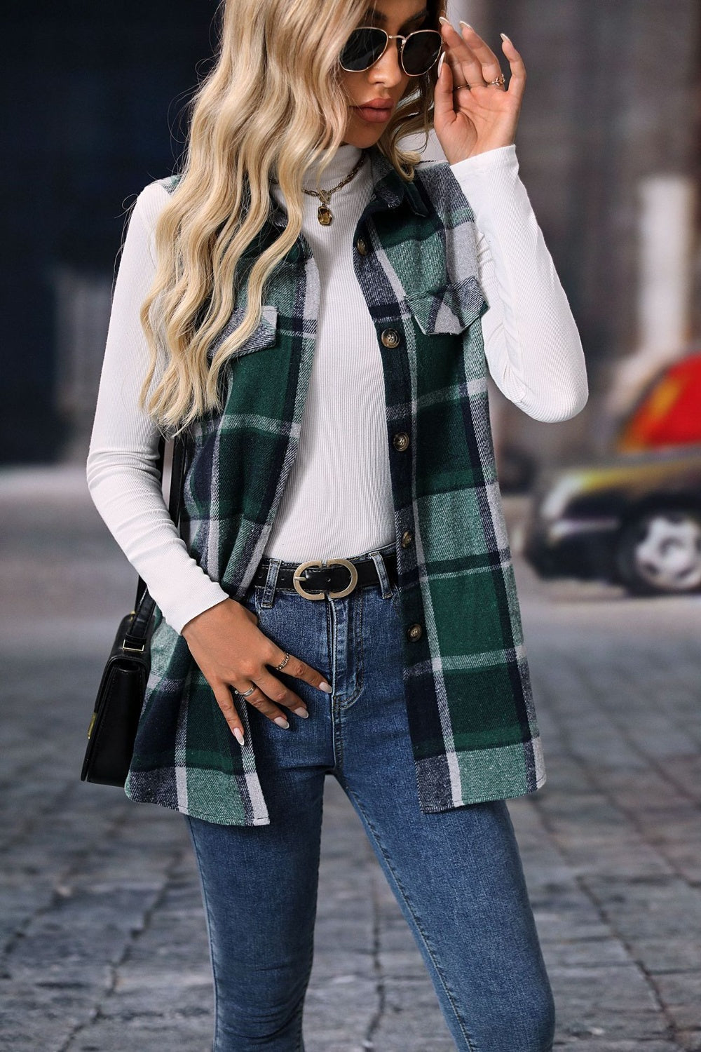 Women's - Plaid Button Up Vest Coat - Stylish Layering Piece - Classic Design for All Occasions
