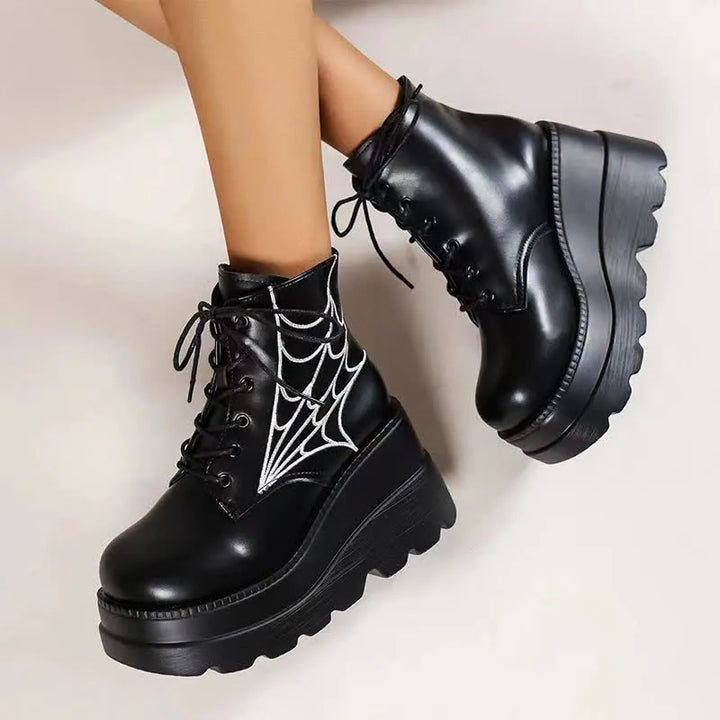 Gothic spider web lace-up boots