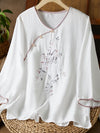 Women's - Linen Shirt - Women's 3/4 Sleeves, Pearl Buttons & Embroidery, Retro Style with Slanted Hem