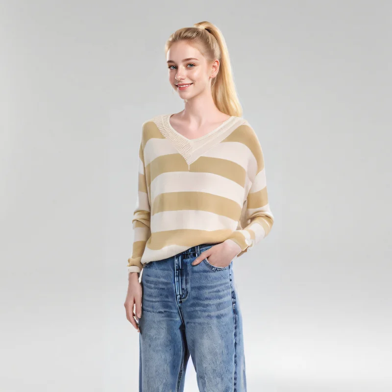 Trendy striped women's jumper with a loose fit - V-neck design