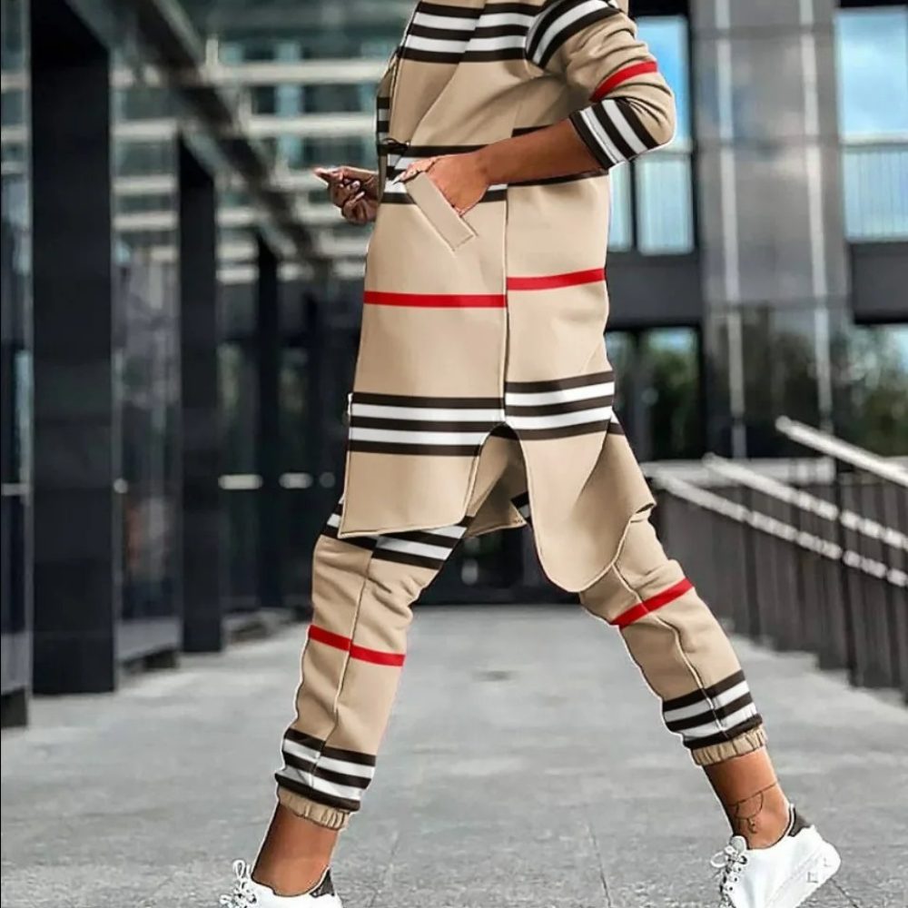 Stylish striped long hooded jacket and two-piece trousers for women