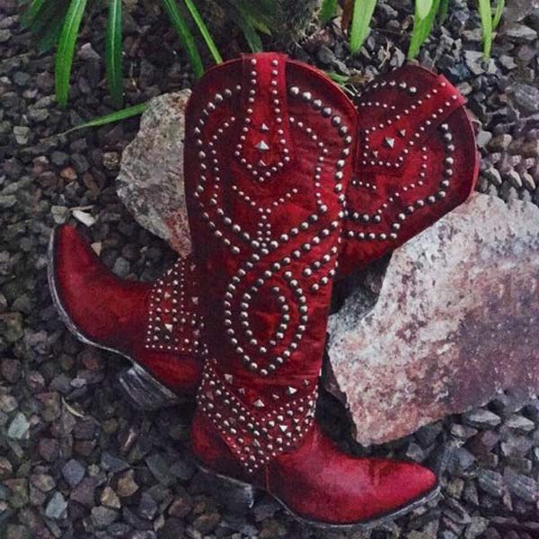 High boots with metal studs and cobby heel