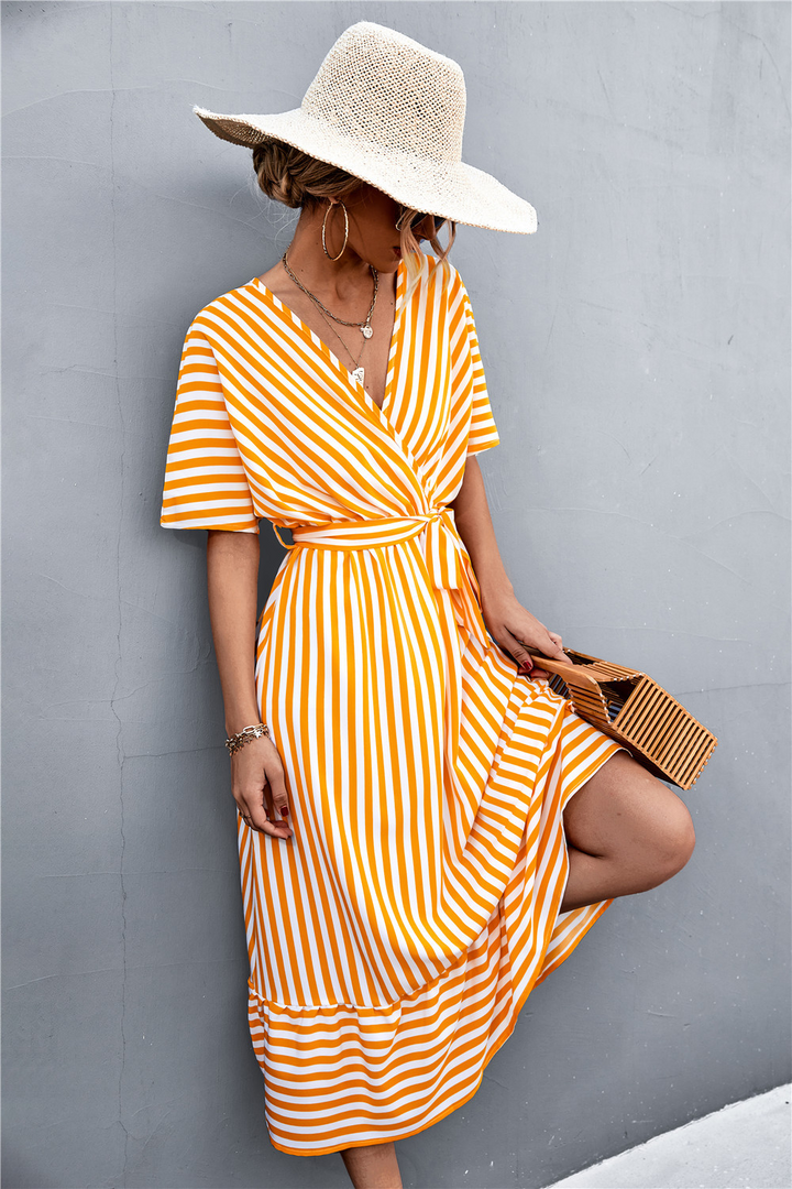 Striped long dress with wrap pattern