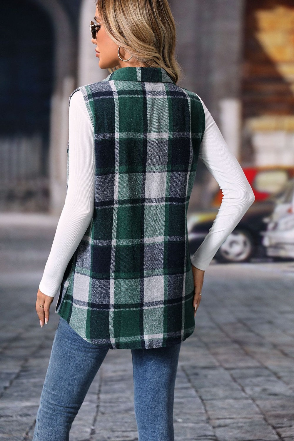 Women's - Plaid Button Up Vest Coat - Stylish Layering Piece - Classic Design for All Occasions