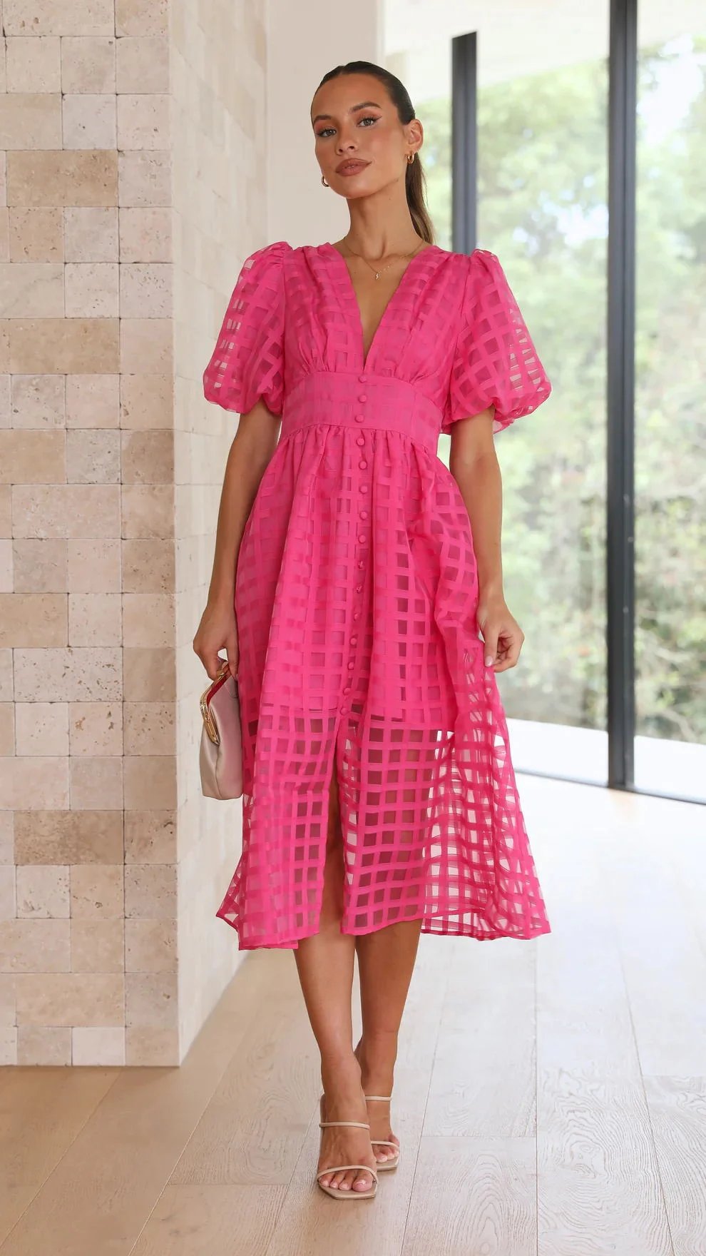 Midi dress with puff sleeves