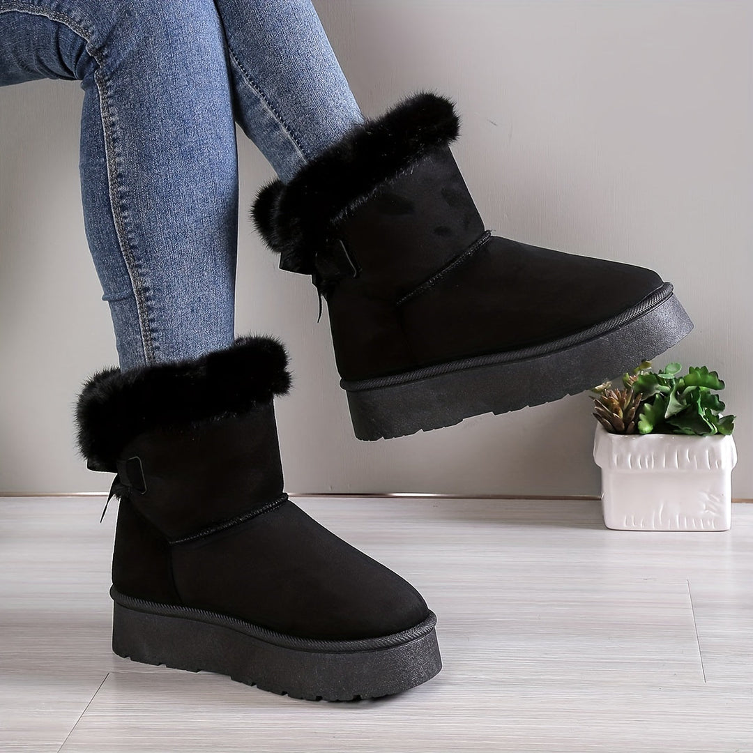 Stylish, thermo-lined plush boots with bow knot