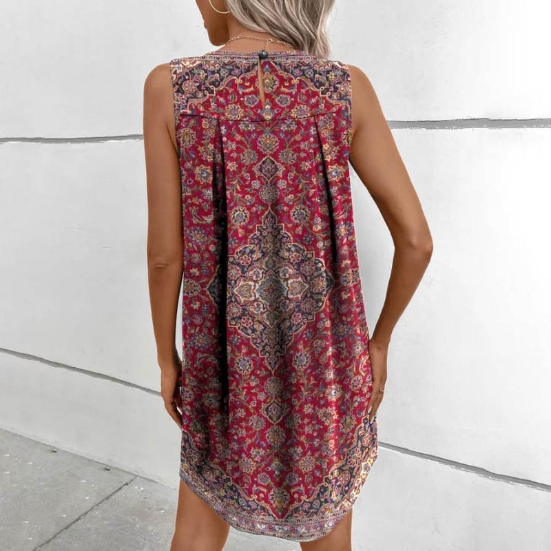 Sleeveless mini dress in ethnic style