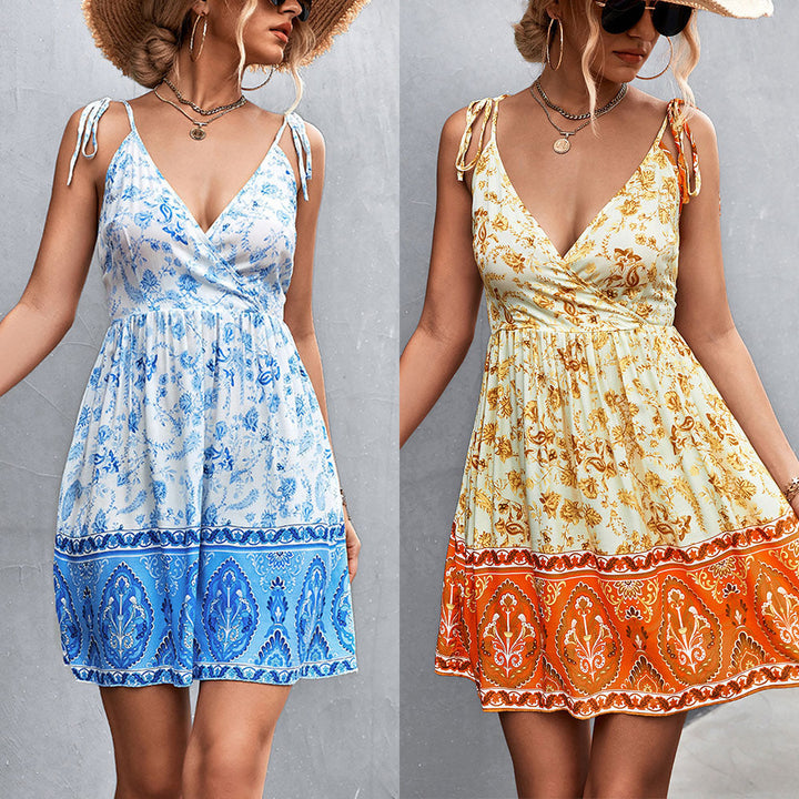 Graceful Women Fashion V-Neck Strap Positioning Flower Dress