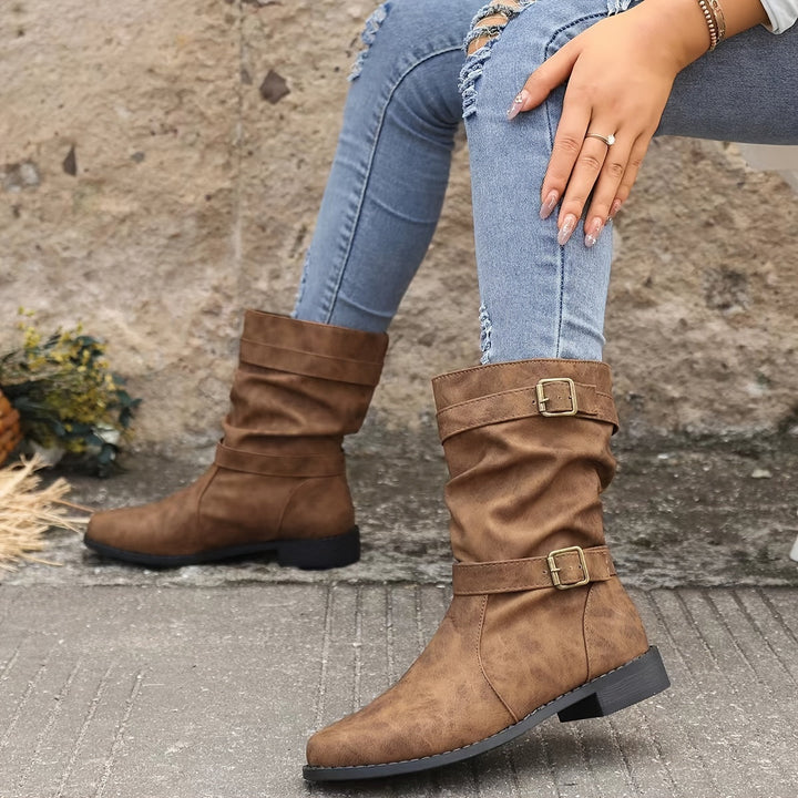 Vintage charm slouchy buckle strap western ankle boots