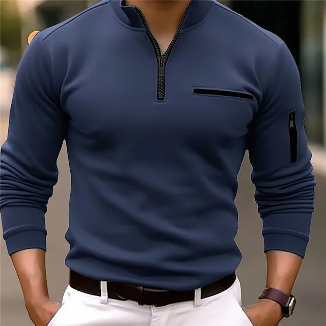 Long-sleeved sports polo shirt with stand-up collar and zip, single-coloured