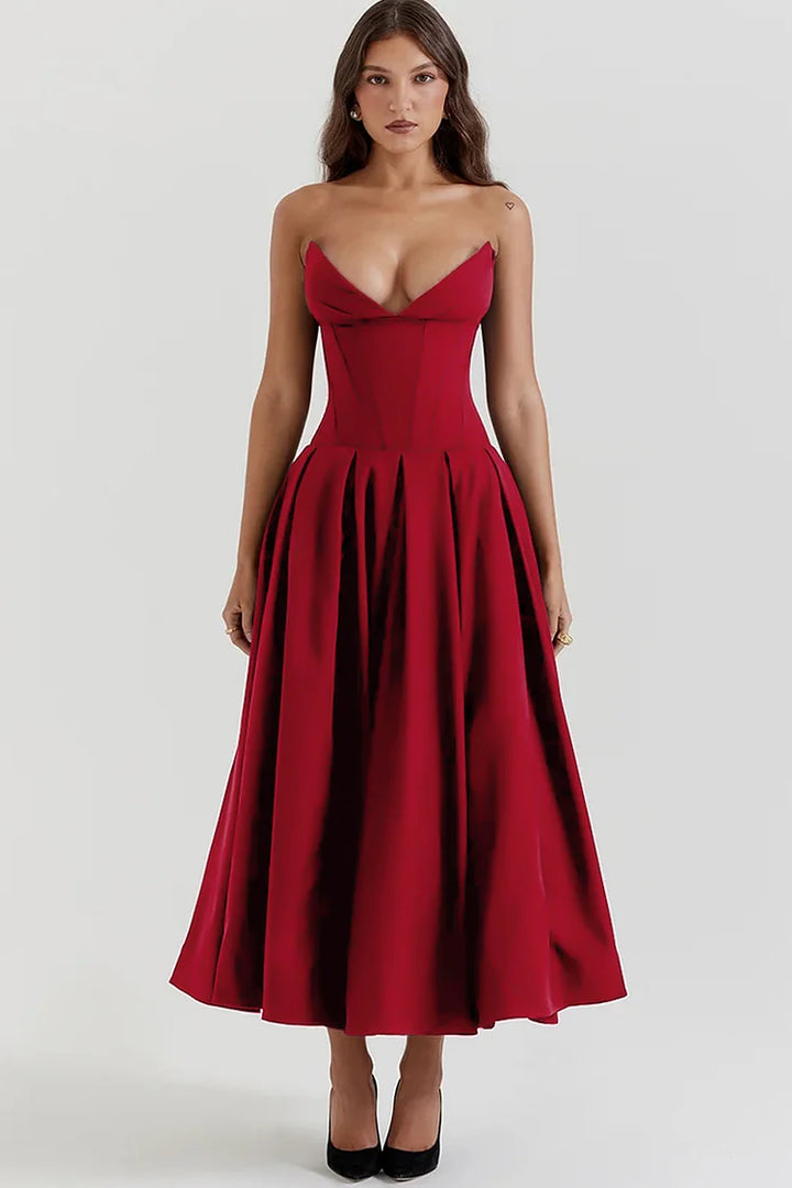 Strapless dress with deep V-neckline