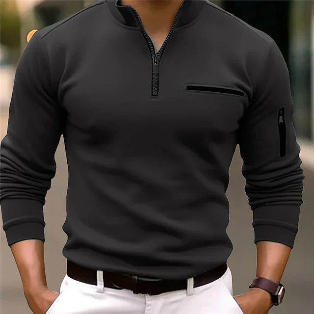 Long-sleeved sports polo shirt with stand-up collar and zip, single-coloured