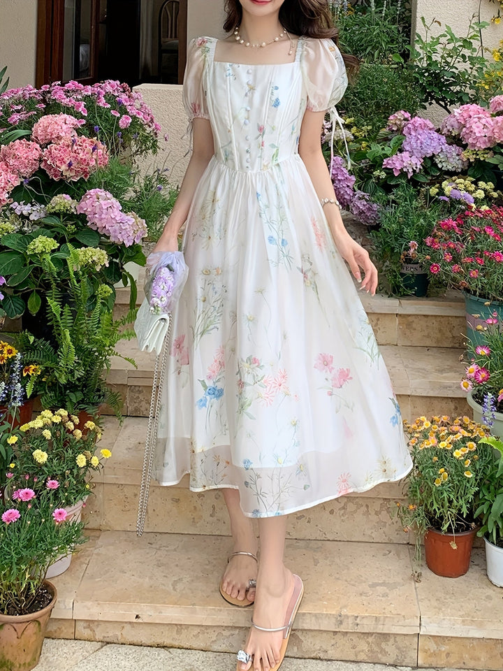 Women's - Floral A-line Midi Dress - Lightweight & Elegant with Pockets - Perfect Summery Style for Any Occasion