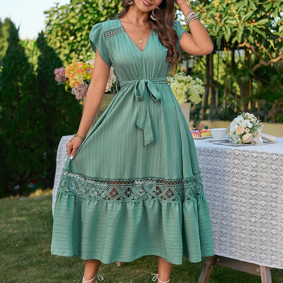 Graceful Fashion V-Neck High Waist Lace-up Ladies Dress