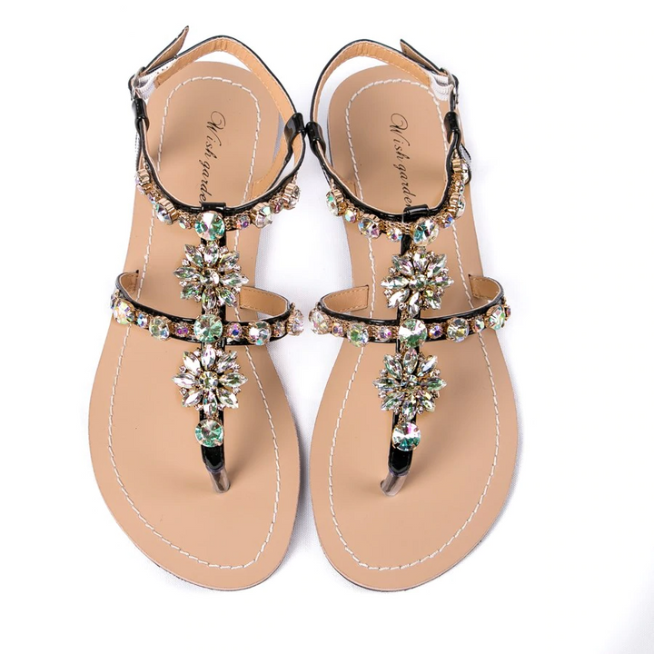Women's - Shiny cowhide leather T-strap flat sandal - Stylish and Comfortable - Perfect for Casual Summer Occasion