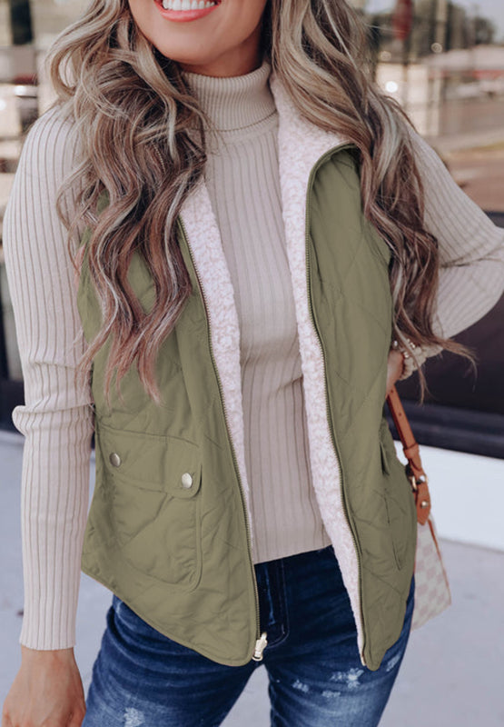 Women's - Cosy Fuzzy Zip-Up Vest Coat with Pockets - Warm and Stylish Outerwear