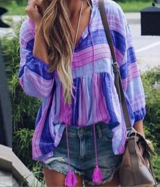 Tassel Rope Printed Blouse In Fashion