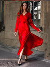 Elegant dress with long sleeves V-neckline Split long skirt