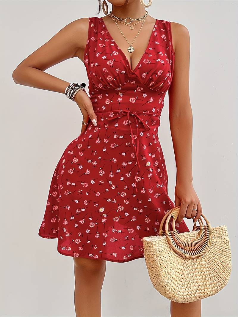 Stylish Sleeveless Dress with Belt and V-neckline