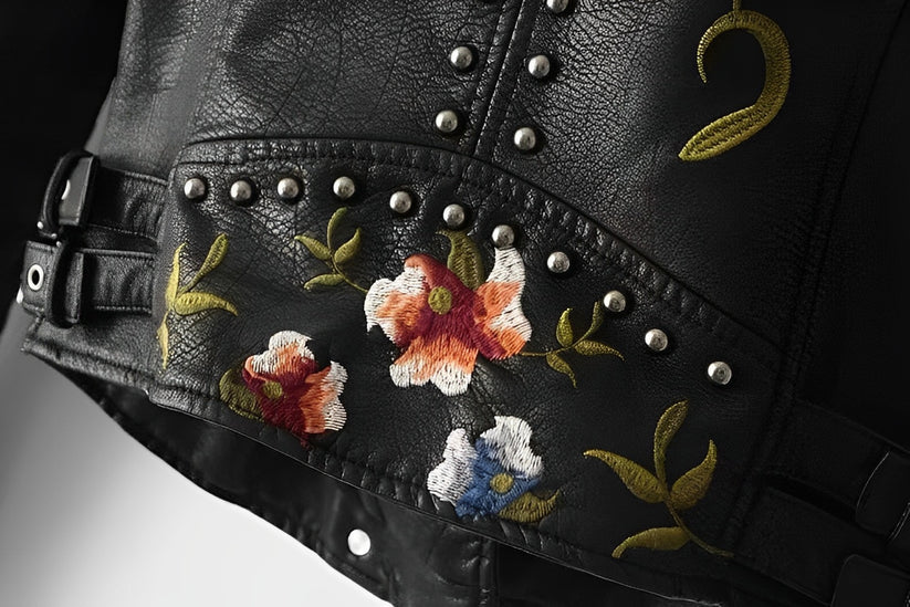 Black vegan leather jacket with floral embroidery for women