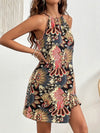 Sleeveless halterneck dress with vintage-style all-over print