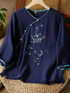 Women's - Linen Shirt - Women's 3/4 Sleeves, Pearl Buttons & Embroidery, Retro Style with Slanted Hem