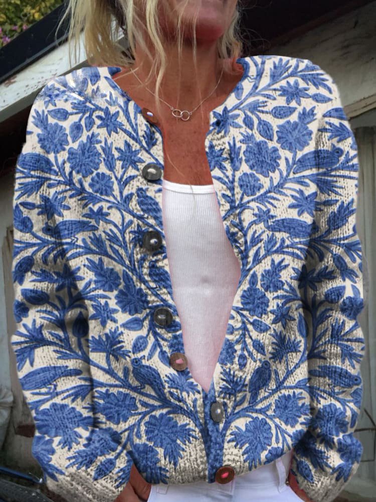 Women's - Cardigan - Floral Pattern - Round Neckline - Cozy Style