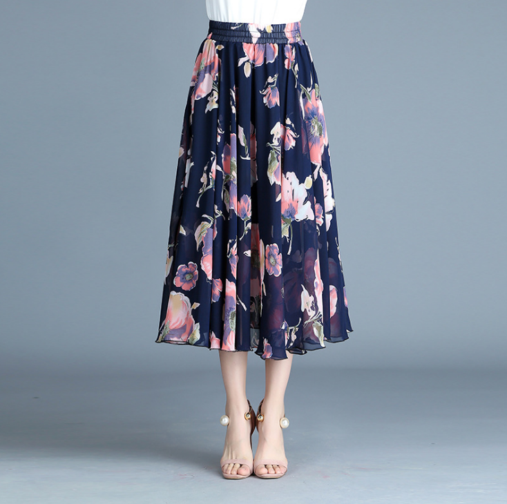 Modern retro skirt printed chiffon dress pleated skirt