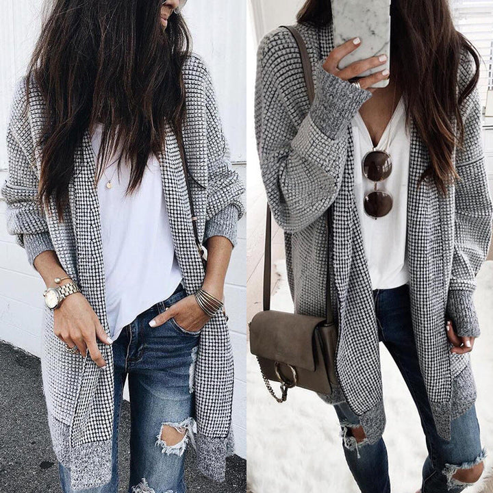 Stylish checked loose cardigan