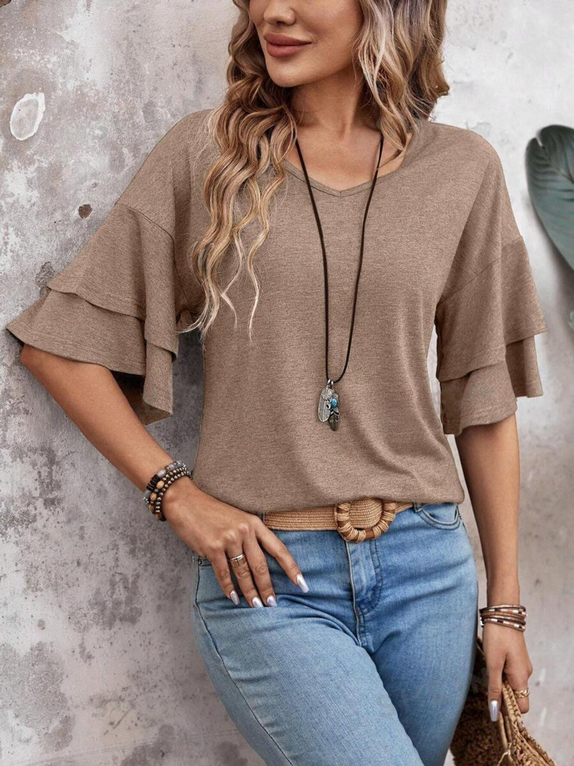 Women's - V-Neck Half Sleeve Blouse - Soft Fabric - Stylish Top