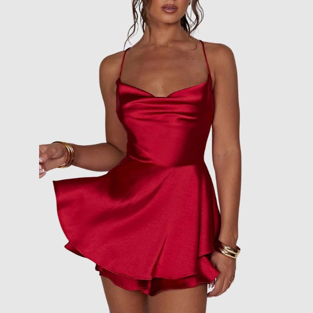 Satin mini dress with flounce trim