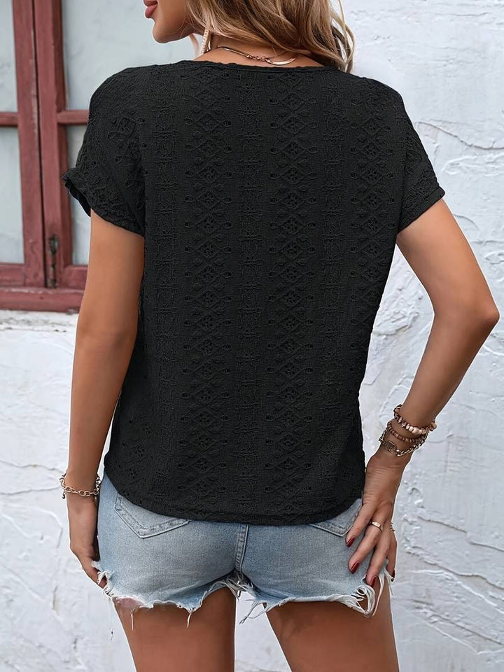 T-shirt with slit neckline and openwork embroidery