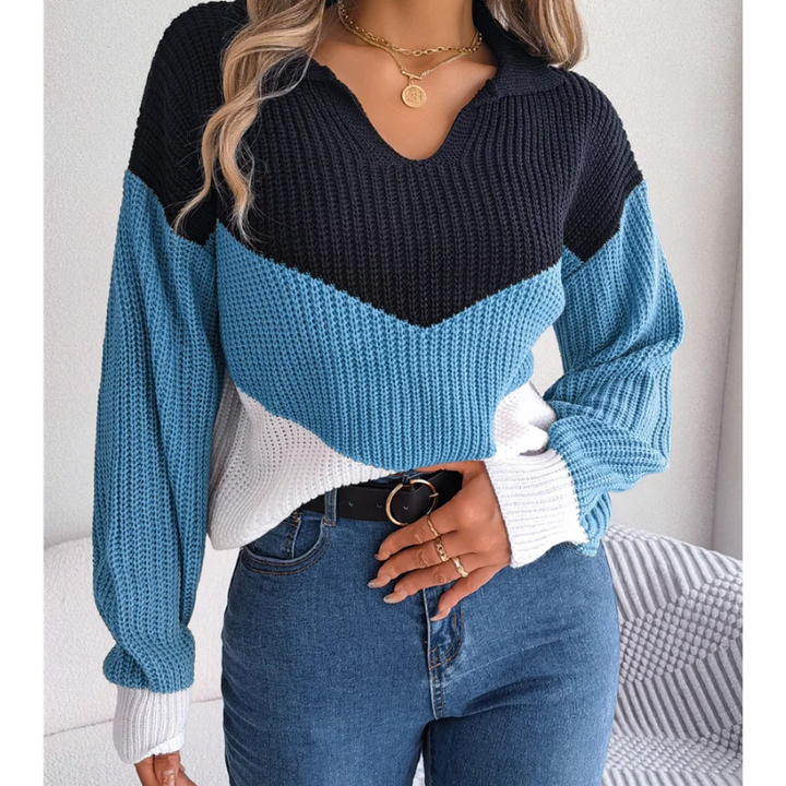 Knitted women's jumper with V-neck, casual colour block