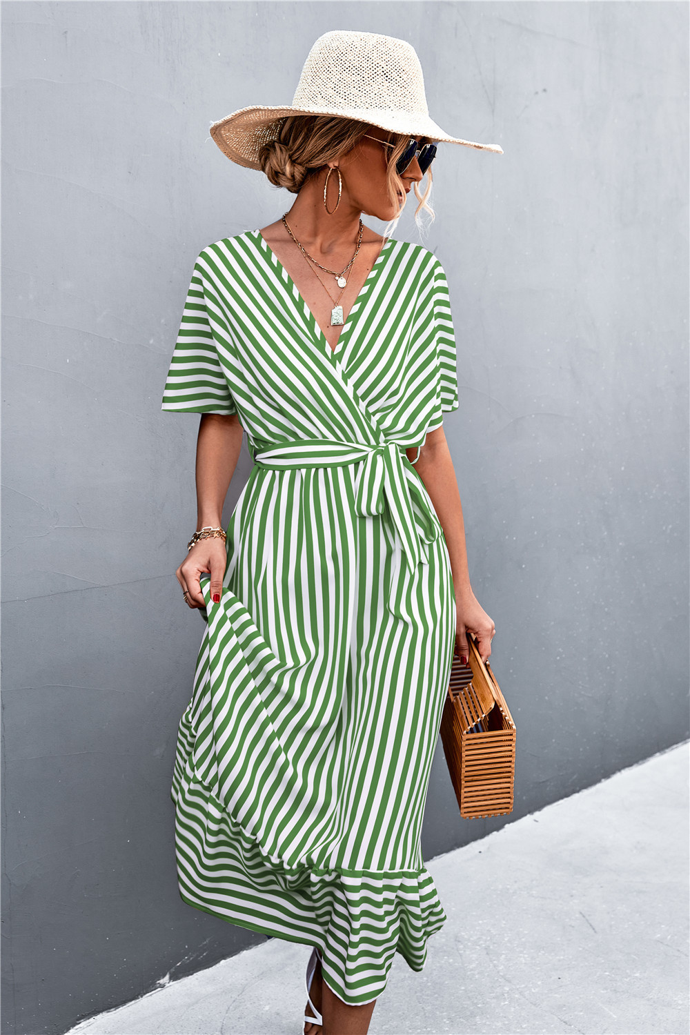 Striped long dress with wrap pattern